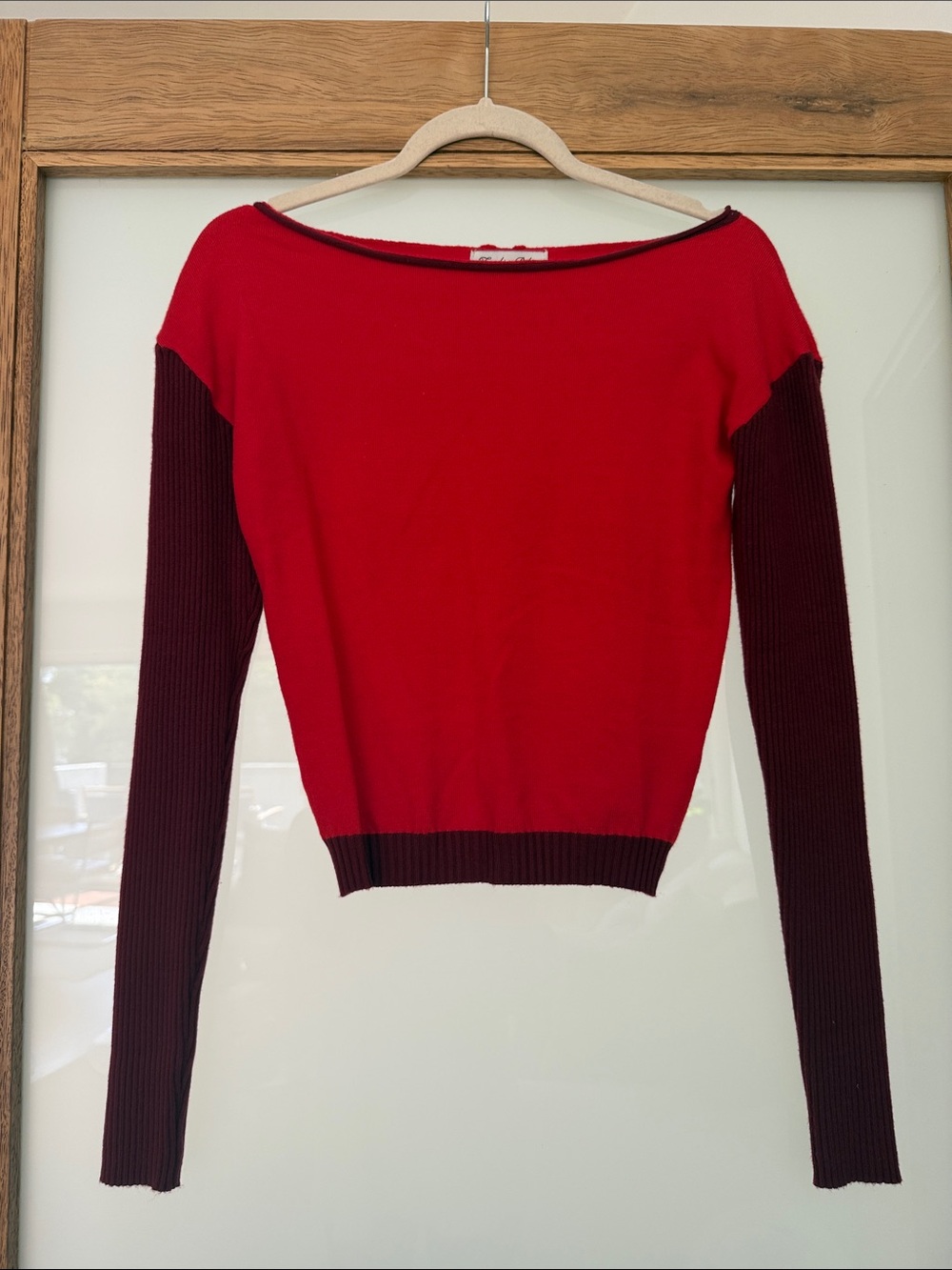 Frankie's Bikinis Red Sweater with Burgundy Sleeves